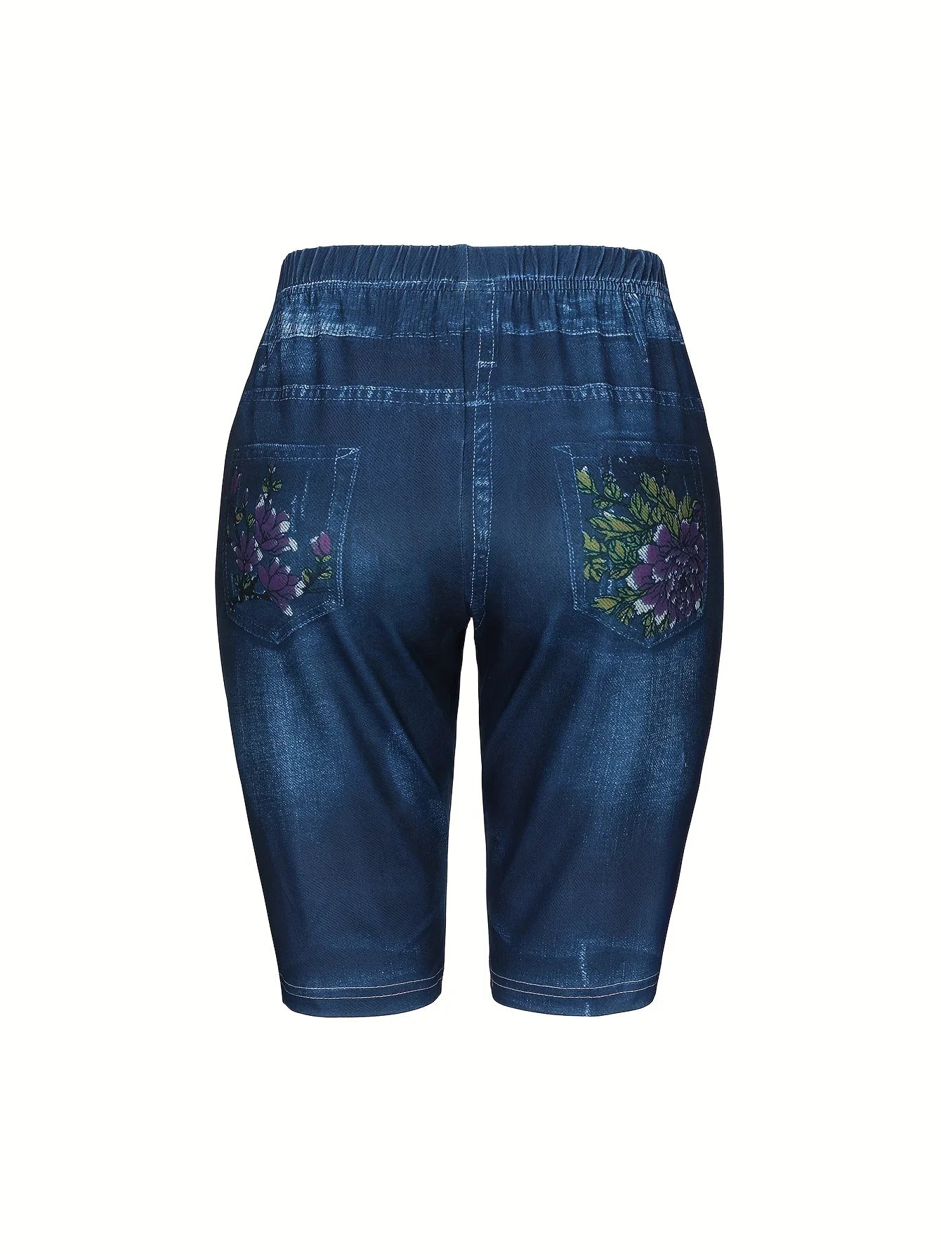 Floral Print Deep Blue Imitation Denim Slim Fitting Shorts For Women's Casual Leggings With High Elasticity And Comfort