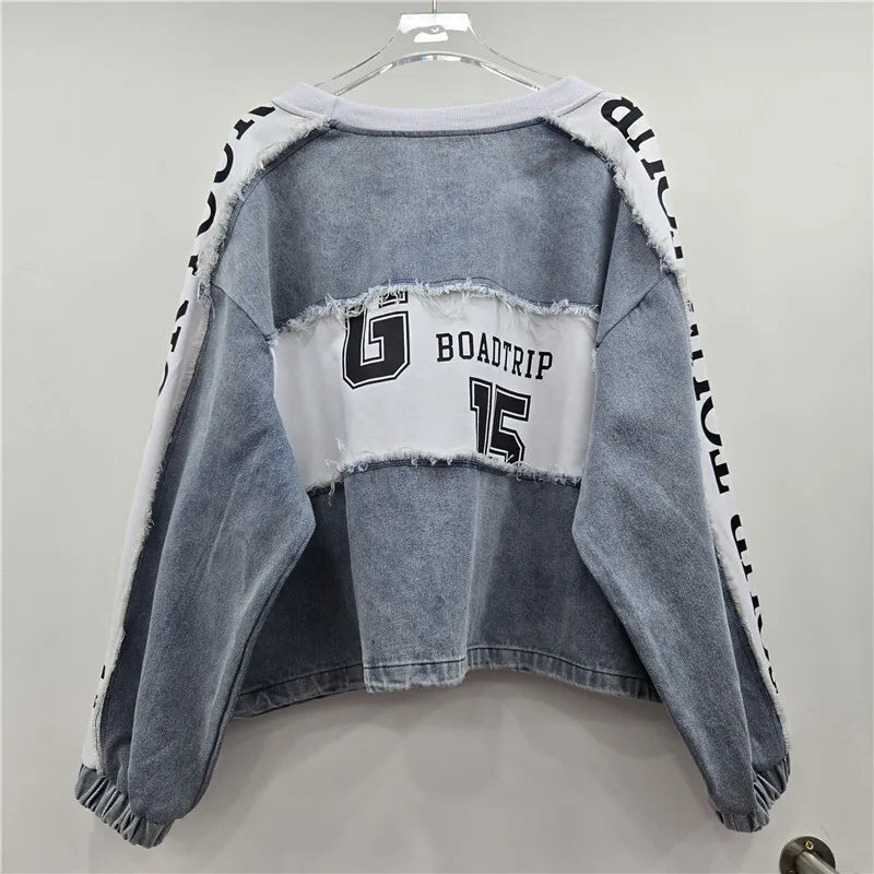 WTHT New Trendy Women's Heavy Industry Diamonds Patchwork Letter Print Sweatshirt 2025 Autumn O-neck Pullovers Female 1LS2533