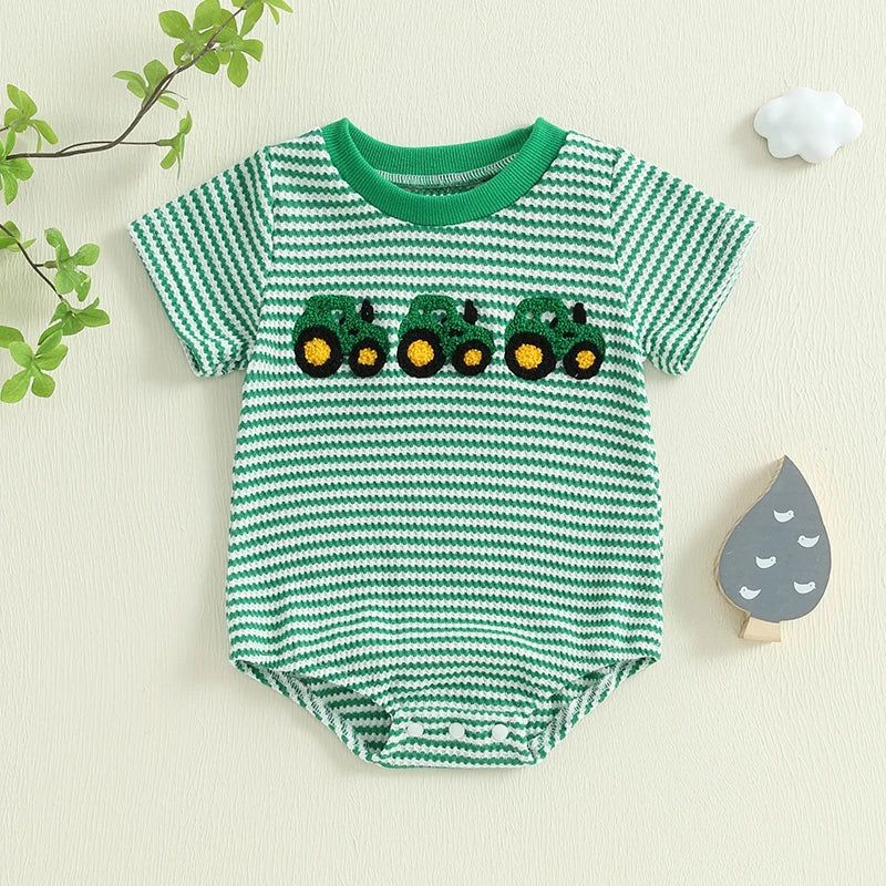 Newborn Baby Romper Summer Crewneck Romper Clothing Waffle Truck Embroidery Stripe Jumpsuits Toddler Infant Boys Girl Playsuit