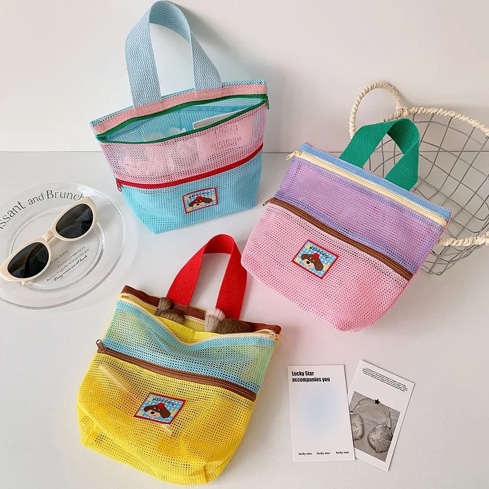Women's Color-Block Mesh Makeup Bag with Top Handle and Cute Patch Small Cosmetic Pouch for Daily Travel Essentials Storage