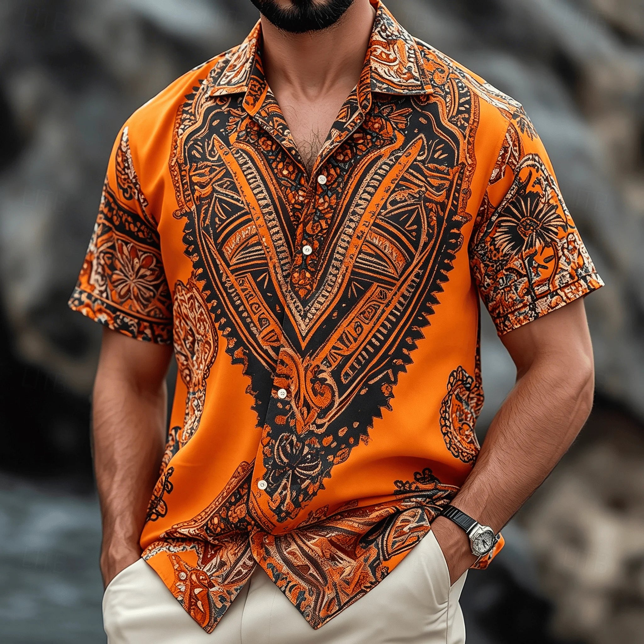 Men's Vintage Boho Paisley Print Short Sleeve Shirt, Retro Ethnic Button-Down Spring Summer Top