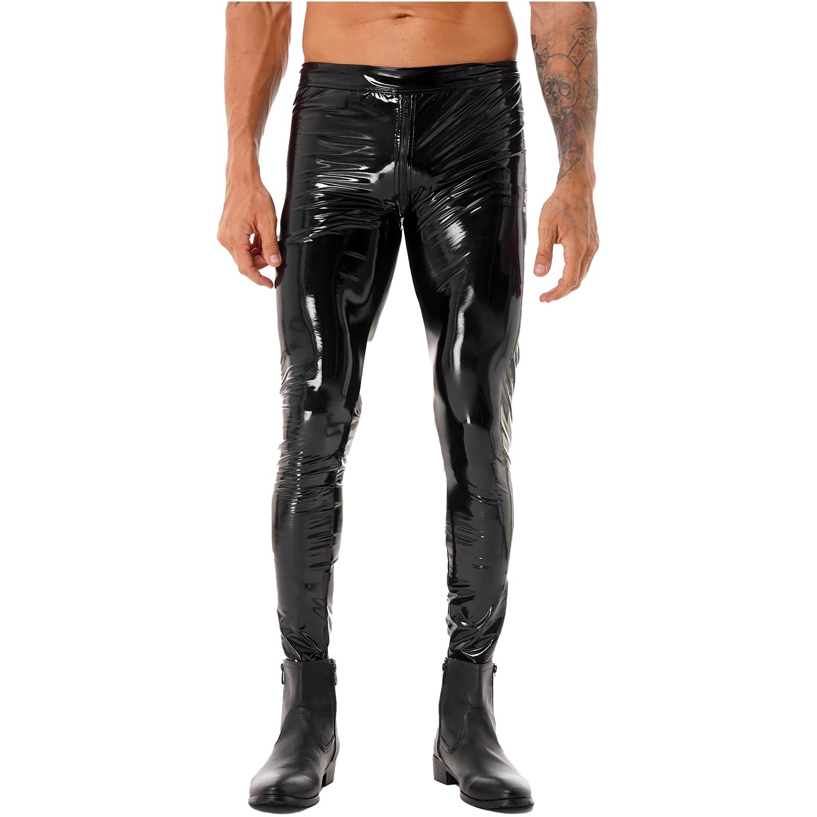 Men Latex Leather Pants Low Waist Faux Leather Shiny Pants Fashion Tight Trousers for Club Stage Show Rock Band Performance