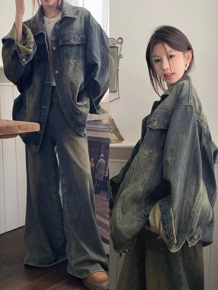 Vintage Washed Denim For Women Loose Fit Street Style Casual Biker With Retro Spring Autumn Layering Outerwear