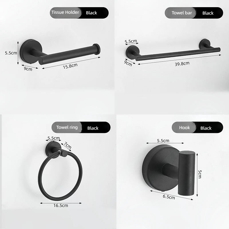 4pcs Bathroom Punch-free Towel Bar Set Stainless Steel Bathroom Hardware Wall-mounted Towel Rack Hook Tissue Holder