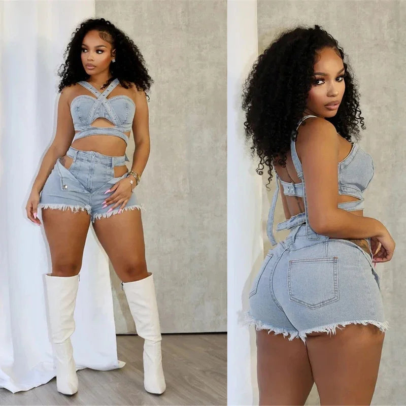 Sexy Jean Women Short Sets Straps Denim Crop Top and Cut Out Shorts Set 2025 Summer Clothes Streetwear Two 2 Piece Club Outfits