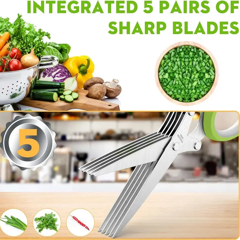 Herb Scissors Stainless Steel 5 Blade Kitchen Shears Household Vegetable Cutter with Cover Multifunctional Kitchen Gadgets