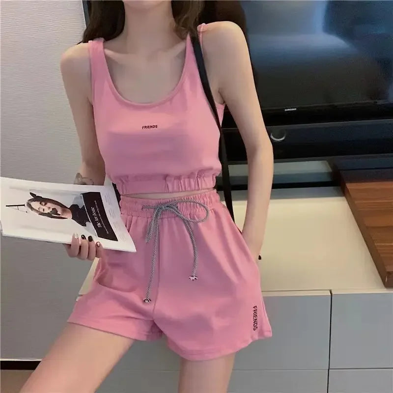 Women's Short Set Summer New Solid Sportswear Tank + Shorts Two Piece Womens Outifits Casual Sport Sets Woman