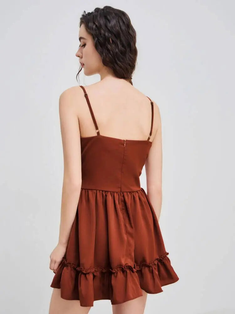 Mini Dress Sleeveless Burnt Orange Size Large Embroidered Waist Western Outfits Woven Solid Hollow Out Ruffle Mini Dress