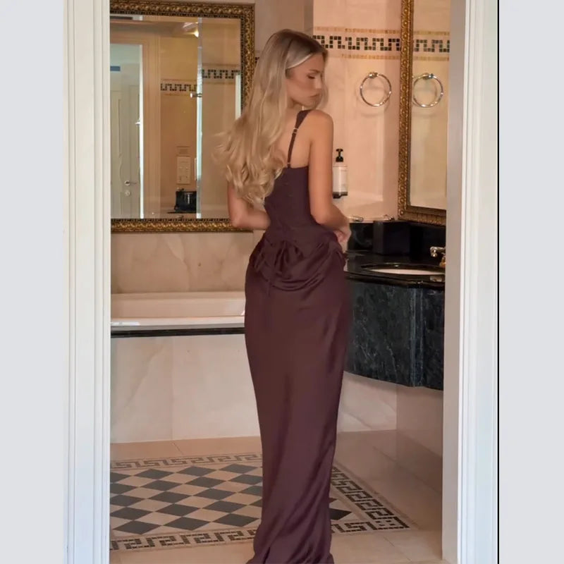 Ruched Waist Satin Long Dress Solid Bodycon Sleeveless Cowl Neck Fishtail Women Dresses 2026 Summer Lady Formal Evening Gowns