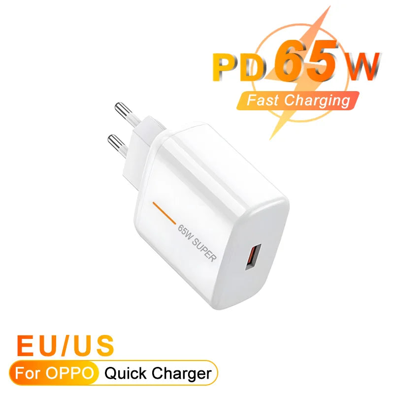 PD 65W Super VOOC2.0 USB Fast Charger For OPPO Reno 11 10 12 Pro Find X8 X7 X6 Ace3 EU US Quick Charge Adapter Phone Accessories