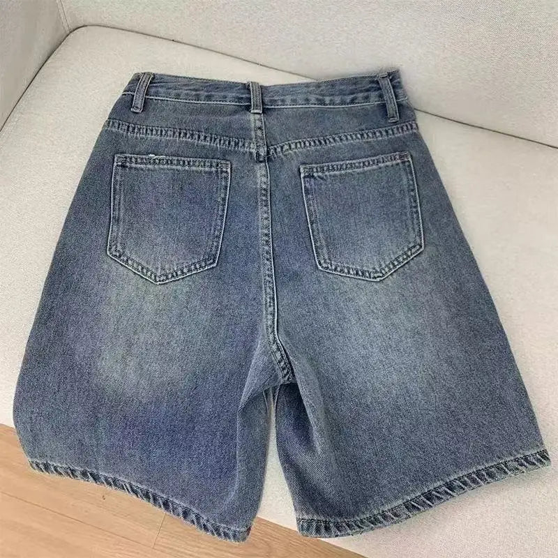 Retro High Waist Denim Shorts Women Loose Fit Summer Trendy Petite Flattering Straight Leg Casual Shorts