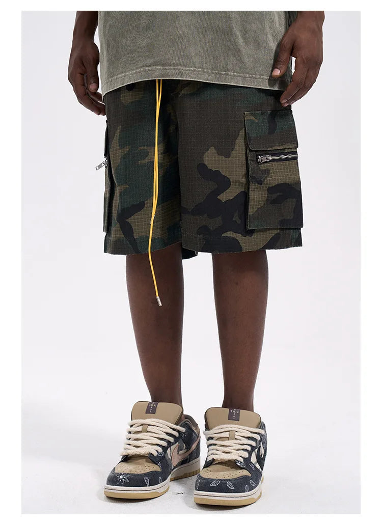 High Street Washing Trend Camouflage Tooling Shorts Men's Retro Casual Loose Summer Drawstring Versatile Trend Five-Point Pants