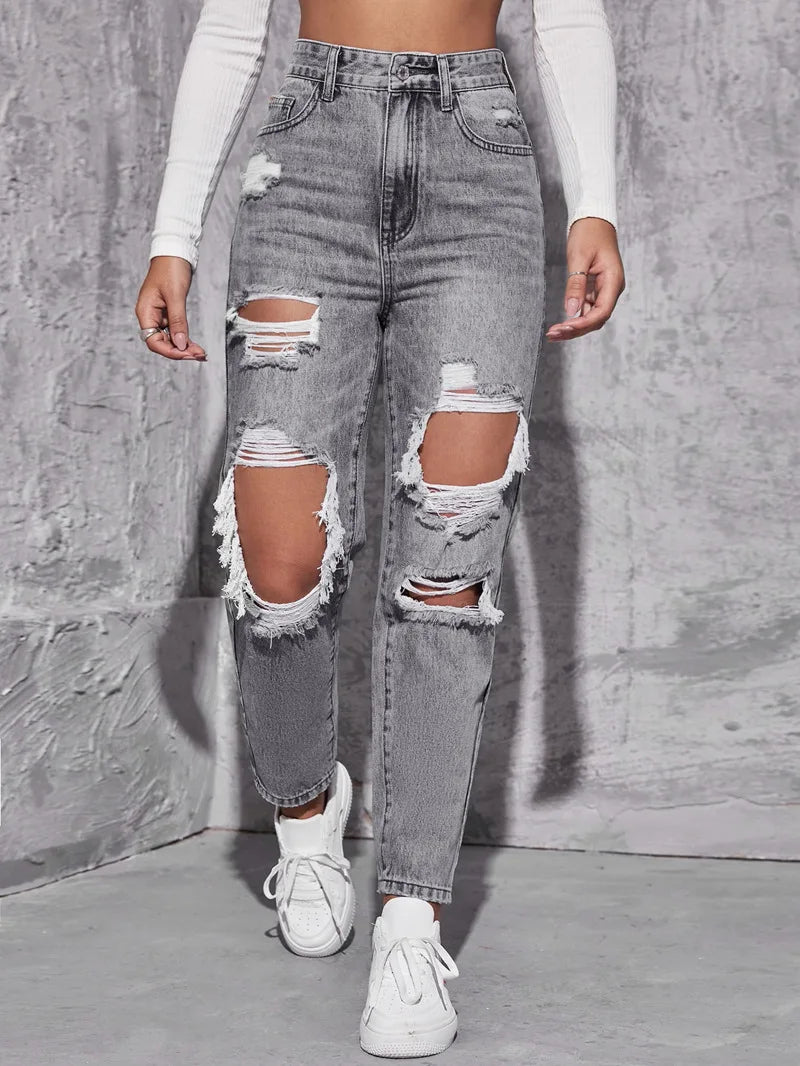 Women's High Waist Ripped Denim Jeans with Distressed Knee Holes and Straight Leg Fit for Casual Streetwear Fashion
