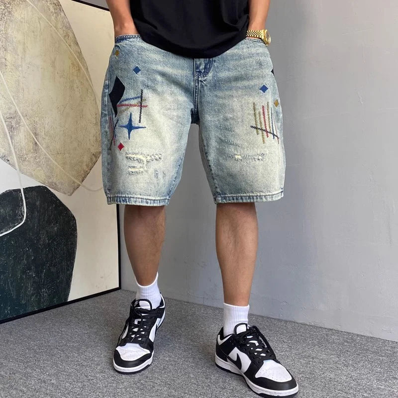 Summer Men American High Street Denim Short Pants Male Lightweight Straight Leg Casual Jeans Fashion Vintage Embroidered Shorts