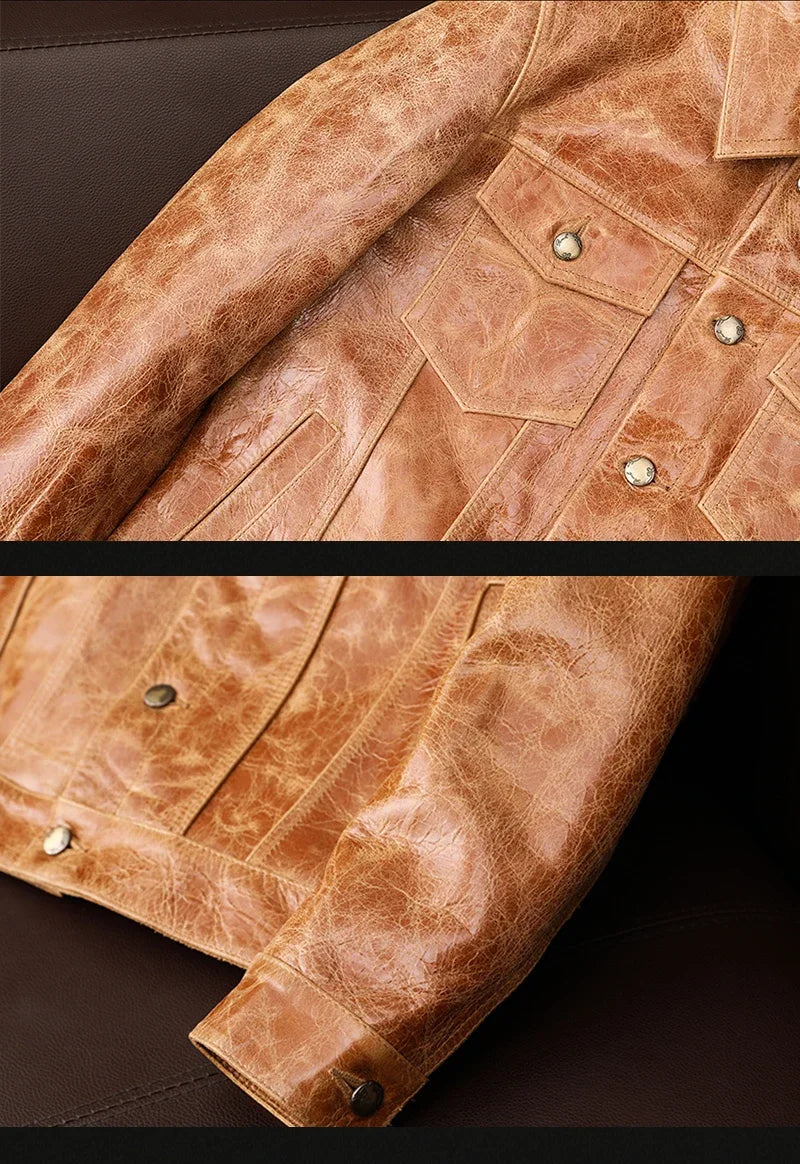 2025 Classic Casual Yellow Brown Plus Size Cowhide Leather Jacket Men's Vegetable Tanned Batik Head Skin Coat Autumn Winter