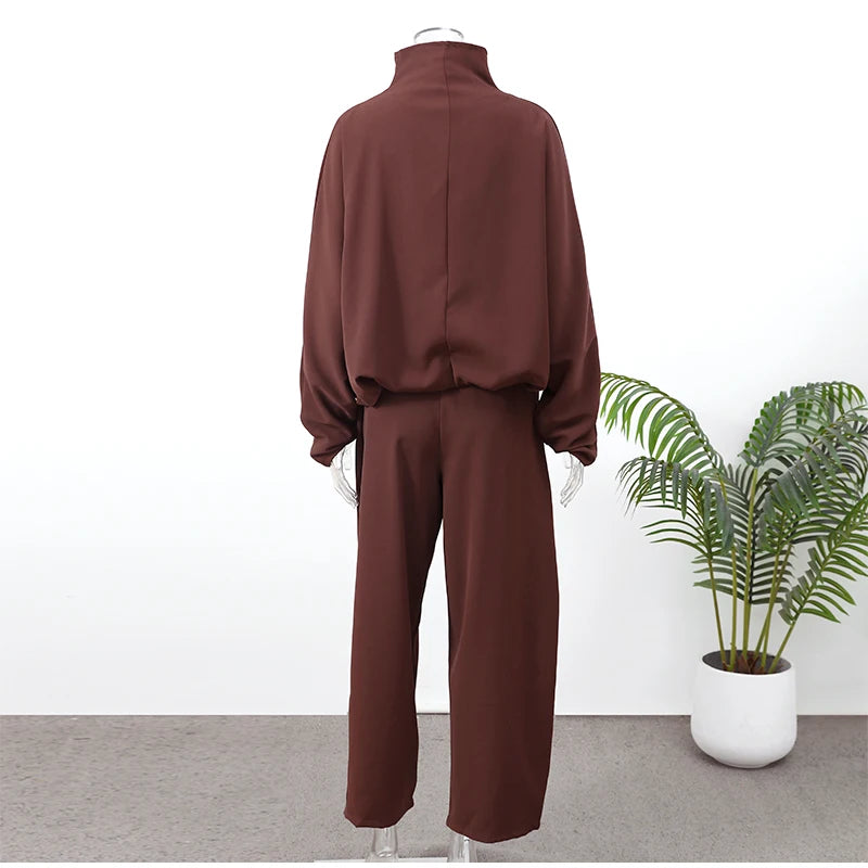 Coffee Tang Suit Two Piece Set Mandarin Collar Frog Button Top Wide Leg Cropped Pants Sets Lady Chic Retro Oriental Daily Wear