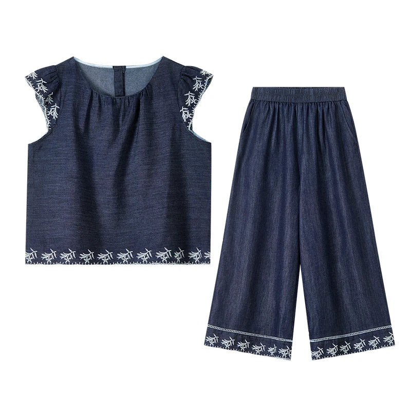 SENTUBILA Summer Demin Pant Sets Woman 2 Piece Outfits 2026 Vintage Flora Embroider Tops Cropped Pant Women's Suit W52ZC2349