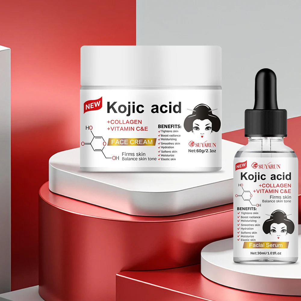 SUYARUN Kojic Acid Serum & Cream Bundle - Brightening Set for Dark Spots, Acne Scars, Anti-Aging | 2-in-1 Skincare Combo.