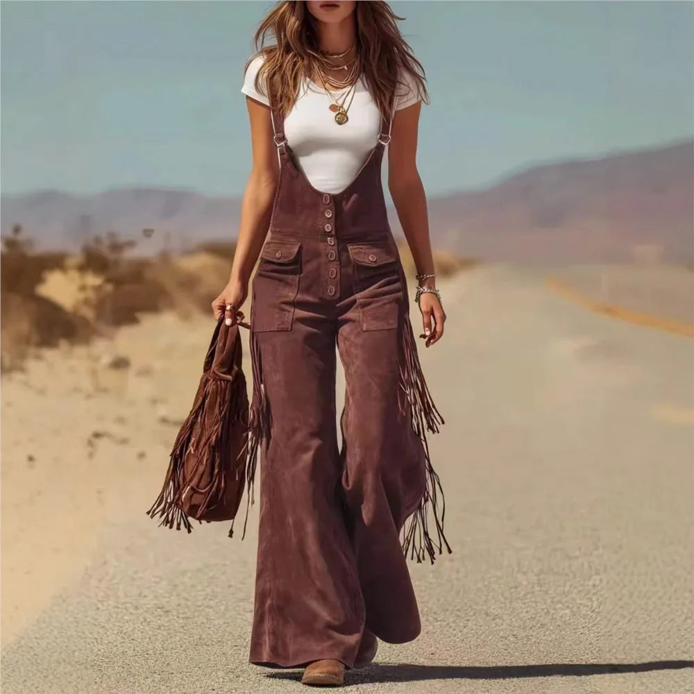 Women's Fashion Retro Western Tassel Wide Leg Jumpsuit 2026 New Casual Pocket Straps Female All-Match Rompers