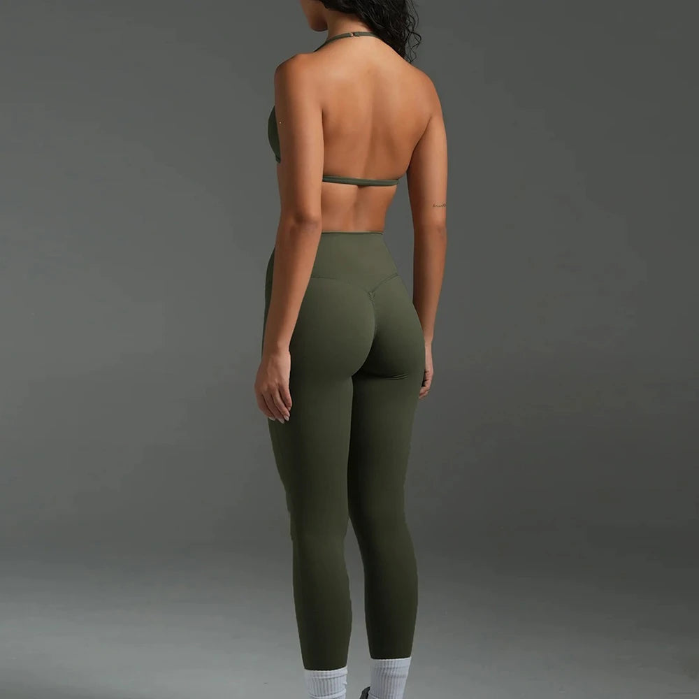 2PCS Women Yoga Set Solid Color Beautiful Back Hanging Neck Bra with Chest Pad Quick-Dry Fitness Running Shorts Yoga Set