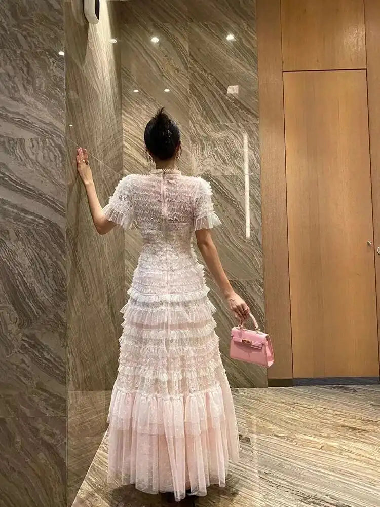 Eshin Elegant Midi Dress Short Sleeve Summer Spring New Fashion Design Women Runway Mesh Ruffles V-Neck Party High Street TH6731