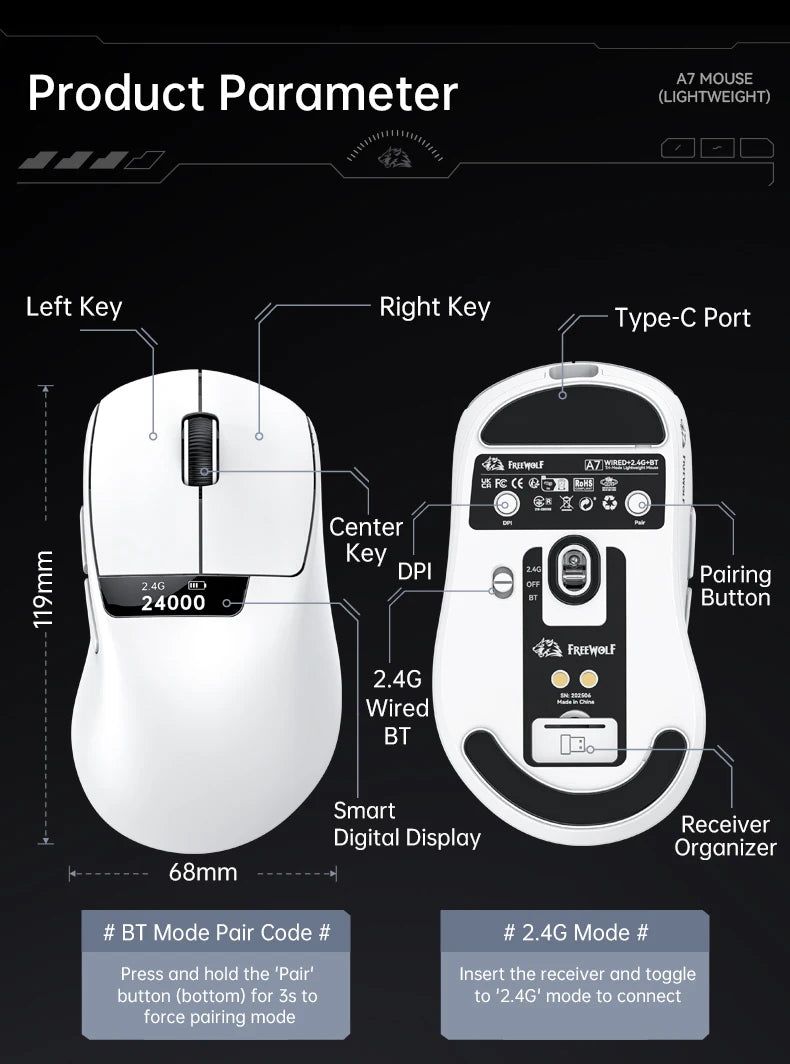 A7 Lightweight Wireless Gaming Mouse,24000DPI,Magnetic Charging Base,Tri-Mode Connection,PAW3311 Macro Esports Office Mouse