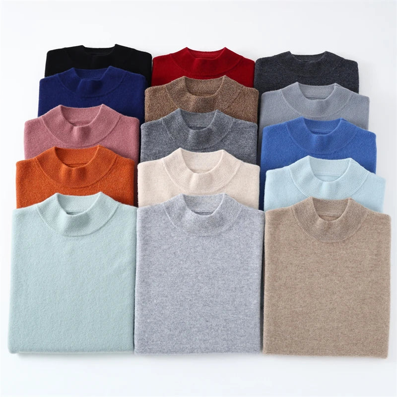 Autumn/Winter Men's 100% Pure Cashmere Pullover Business Casual Solid Knitted Sweater Loose Half High Neck Tops Thick Jumper