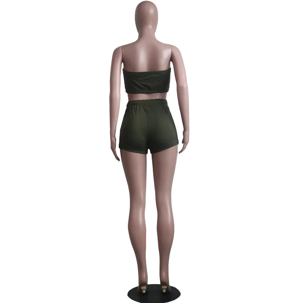 Thin Summer New Solid Color Lace Up Tracksuits Women Sleeveless Backless Tube And Shorts Two Piece Sets Casual 2pcs Outfits
