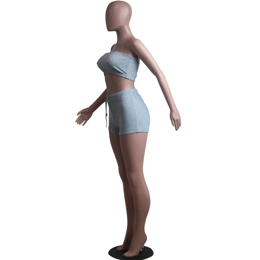 Thin Summer New Solid Color Lace Up Tracksuits Women Sleeveless Backless Tube And Shorts Two Piece Sets Casual 2pcs Outfits