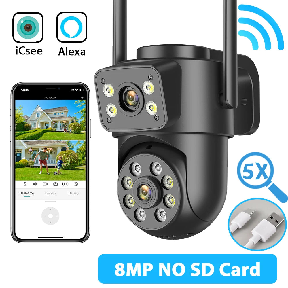 Dual Screen WiFi Security Camera 4K 8MP Dual Lens Surveillance Camera Human Detection Night Vision 5X Zoom Home Outdoor Security