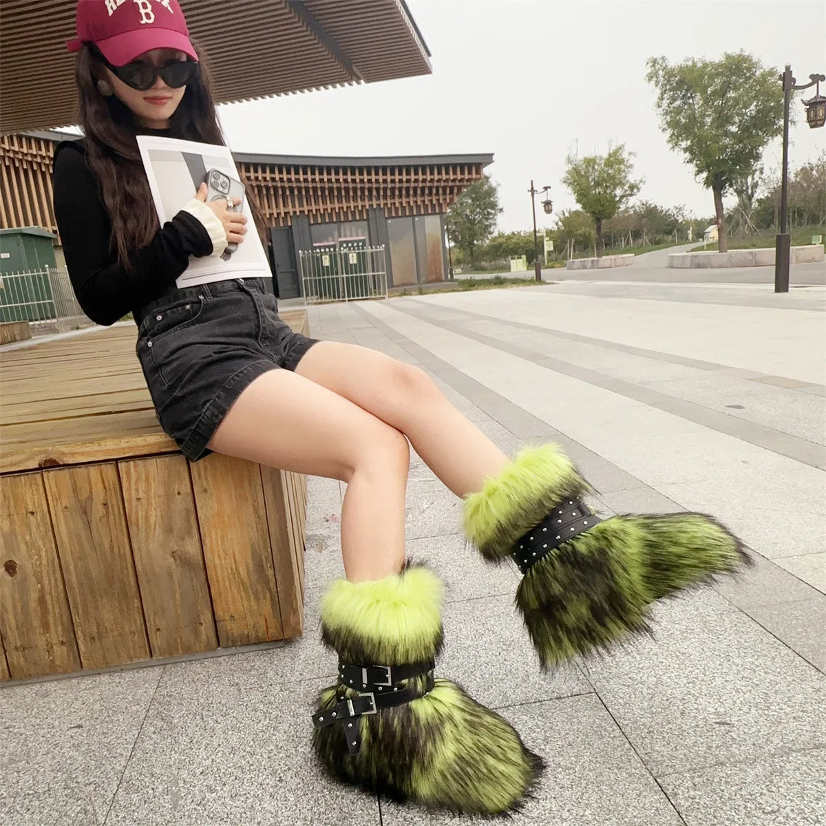 Winter Fur New Design Onepiece Raccoon FurFemale Snow Boots Fur shoes OutdoorMid Leg Boots y2k Cool Pink Girl