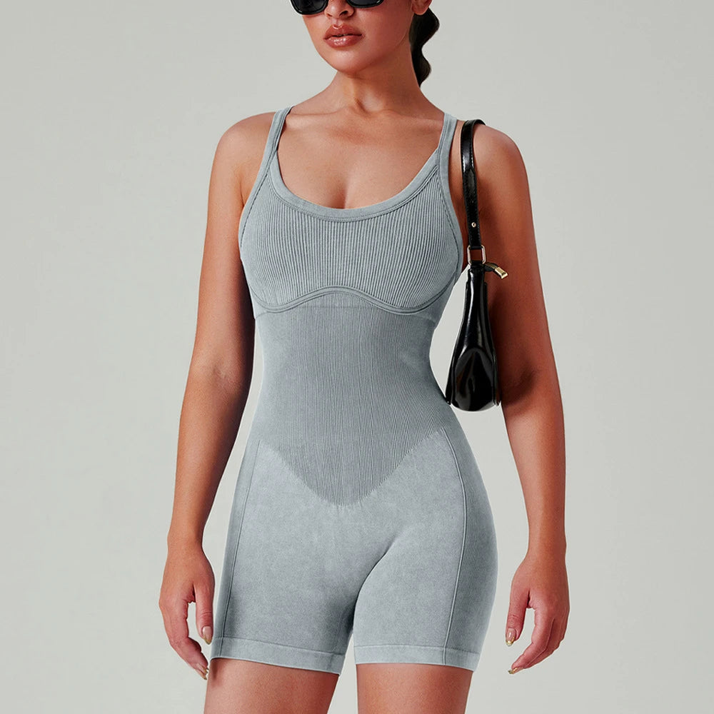 Seamless Shorts Gym Set Women Jumpsuit Yoga Set Water-washed 1pc Summer Workout Suit Bodysuit Fitness Push Up Short Sport Set