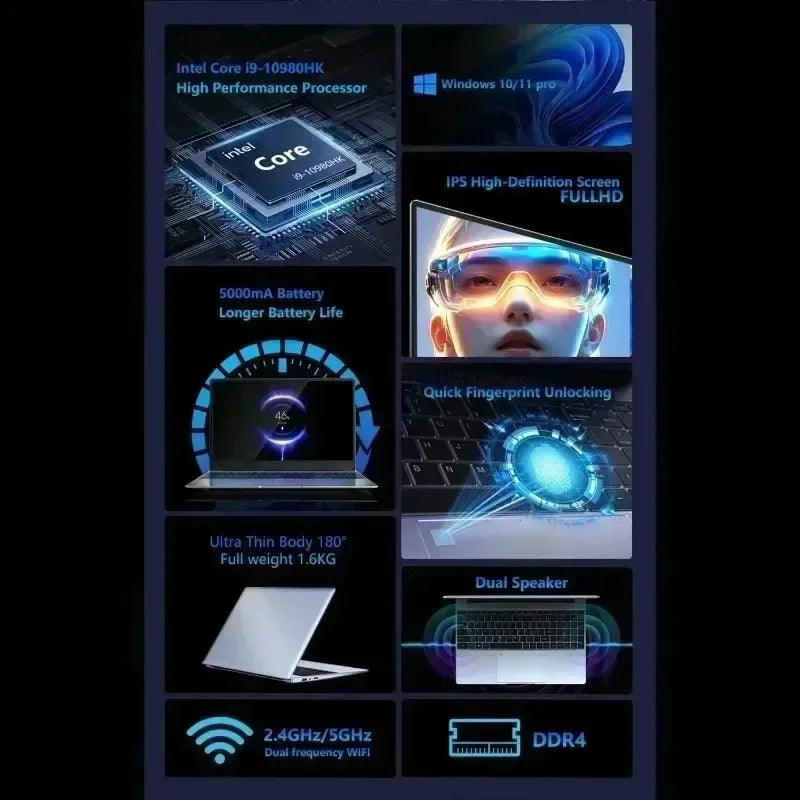 15.6' Intel Core I9 10980HK Windows 11 Pro Laptop Computer 32GB RAM 512GB 1TB 2TB SSD Portable Notebook PC Office Study Laptops