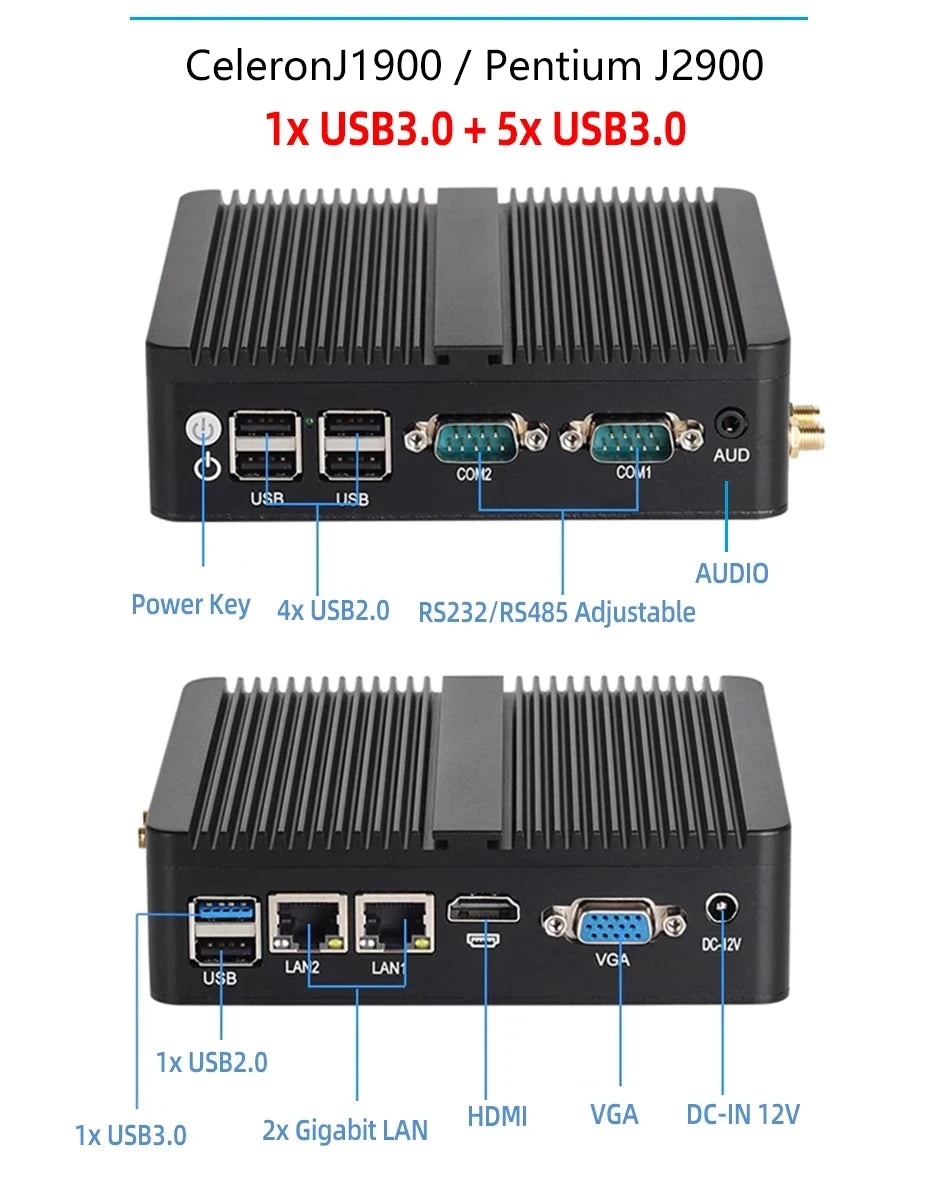 XCY Mini PC Intel Celeron J6412 Quad Cores 2x RS232/485 Dual Ethernet Mini PCIe HDMI VGA Fanless Industrial IPC Windows Linux
