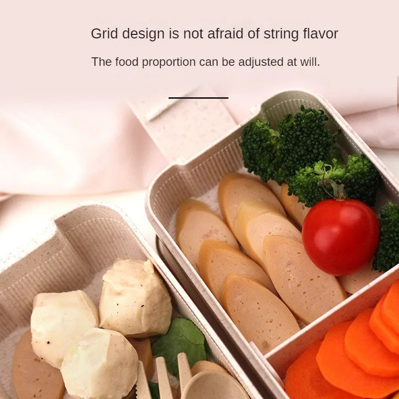 Wheat Straw Lunch Box ，Stackable Bento Box Microwave Dinnerware Food Storage Container with Spoon Fork For Student Work，2 Layer