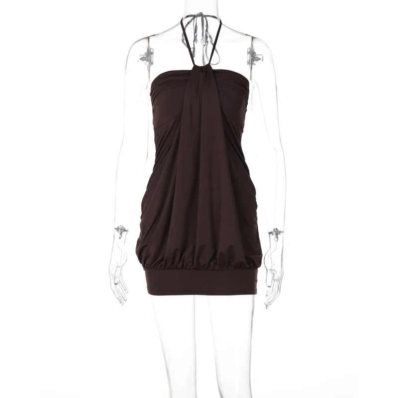 Hugcitar Halter Sleeveless Backless Ruched Sexy Bodycon Mini Prom Dress 2025 Spring Women Y2K Clothes Birthday Party Festival