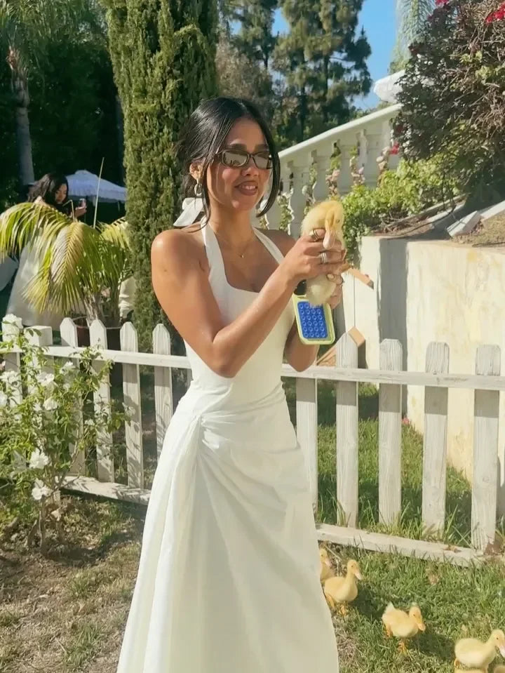 Chic Women White Ruched Waist Maxi Dress Sexy Sleeveless Halter Neck A Line Vestidos Elegant Daily New Party Street Summer Gowns