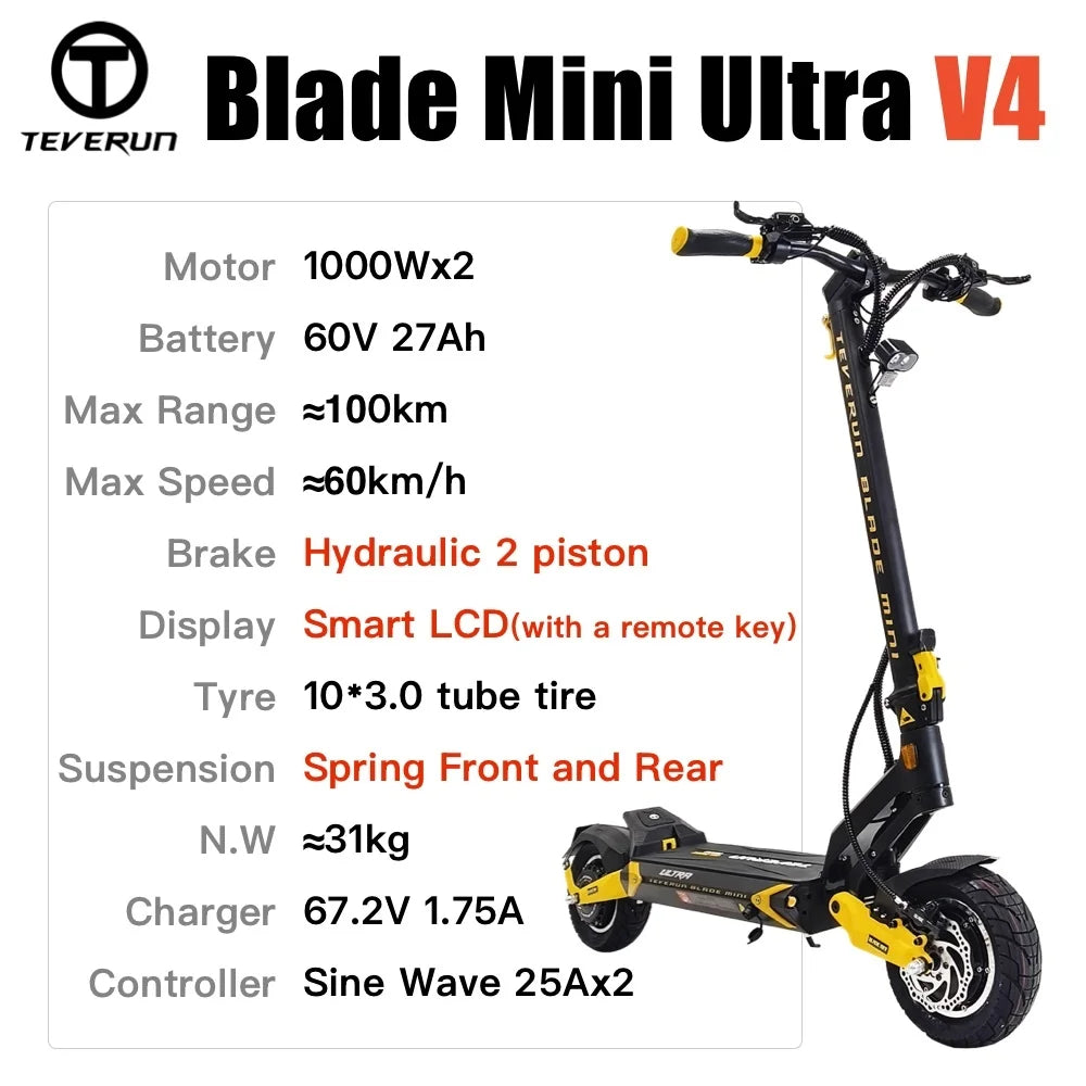 2026 TEVERUN Blade Mini Ultra V4 60V 27Ah Battery 1000Wx2 Motor Built-in Smart LCD Display Max Range 100km 10inch E-Scooter