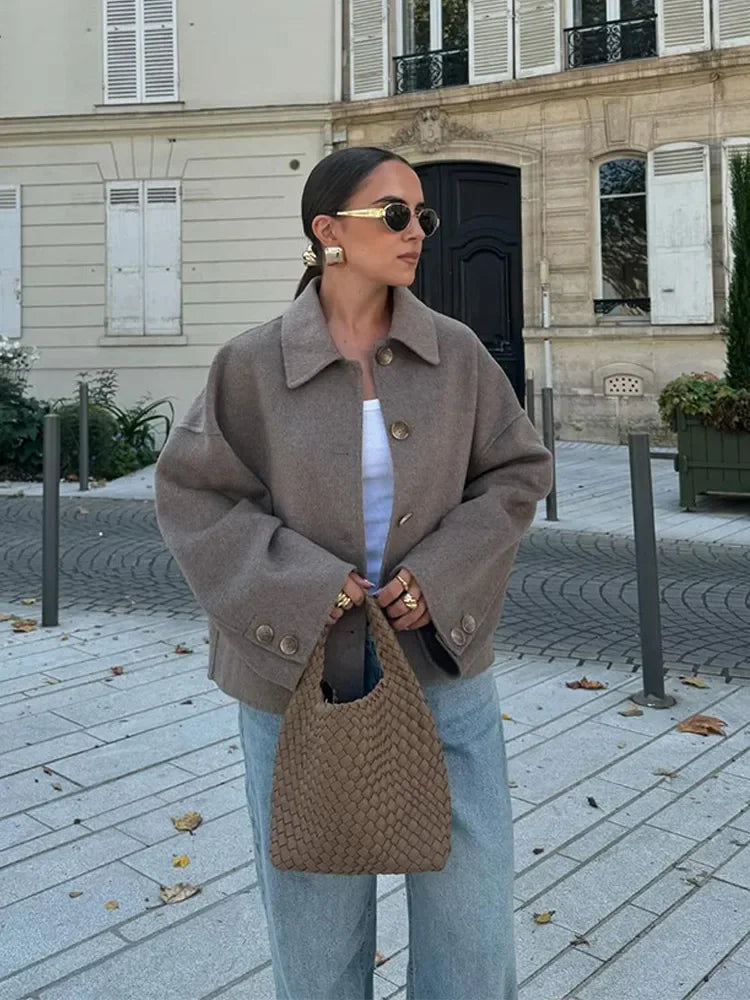 Solid Lapel Full Sleeve Coat  Elegant Single Breasted Pockets Short Loose Outwear For Women 2026 New Casual High Street Overcoat