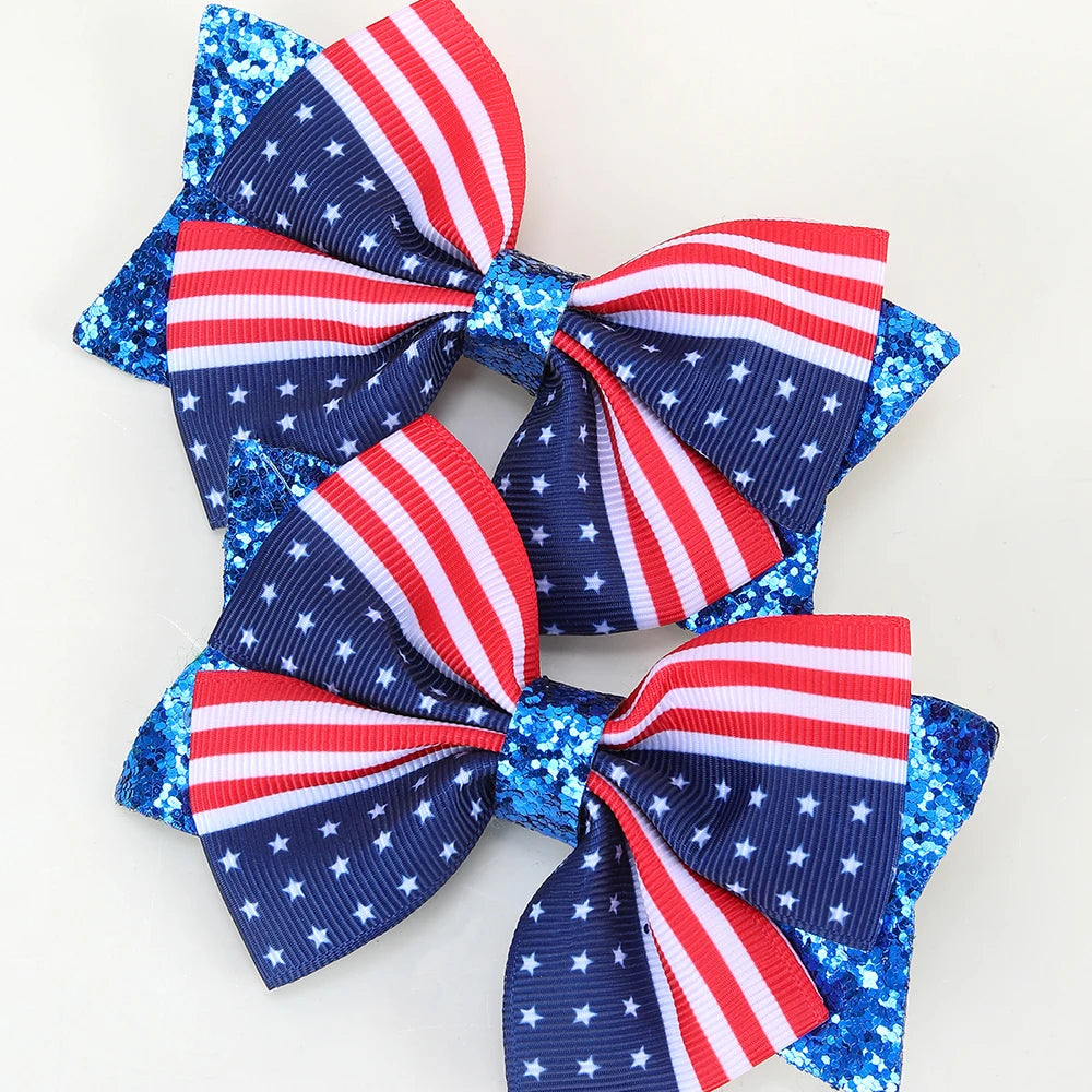 2Pcs USA Flag Bow Hair Clip Ribbon Patriotic American Flag Design Red White Blue Bow Barrettes For 4th Of July Party Accessories