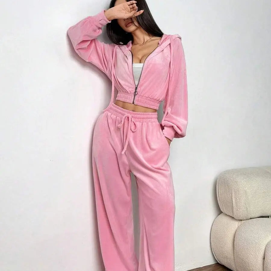 Women's Pink Velvet 2-Piece Activewear Set Zip Cropped Hoodie + Wide Leg Pants Fashionable Casual Waist Slimming Versatile Style