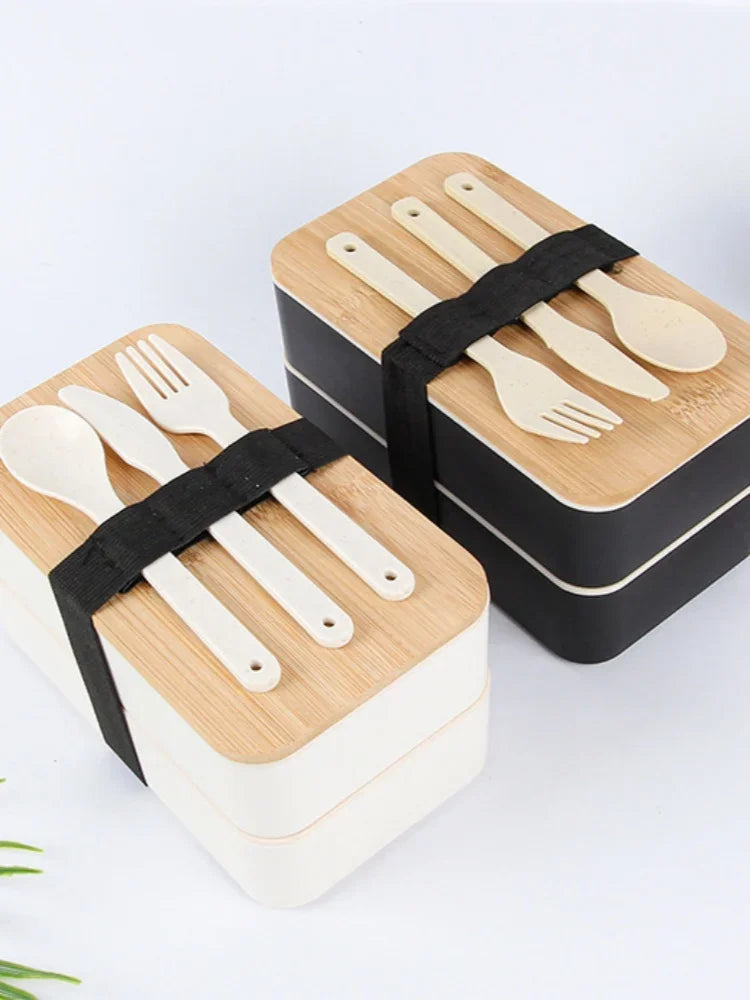 1200ML Divided Lunch Box Picnic Microwave Wooden Cover Japanese Bento Box Portable Double Layer Food Container for Kids