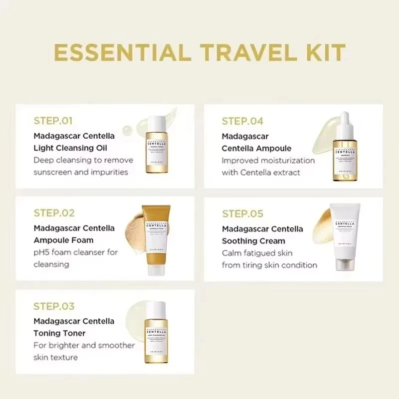 5Pcs Korea SkinCare Centella Travel Kit Set Cleansing Oil Toner Foam Ampoule Cream Cica Non-Sticky Soothe Redness Repair Skin