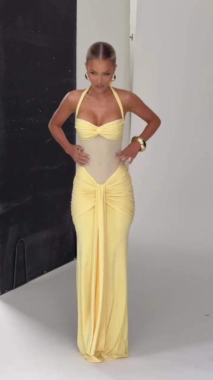 Suninheart Draped Maxi Evening Dress Women Elegant Halter Prom Dresses Wine Formal Occasions Backless Dress Sexy