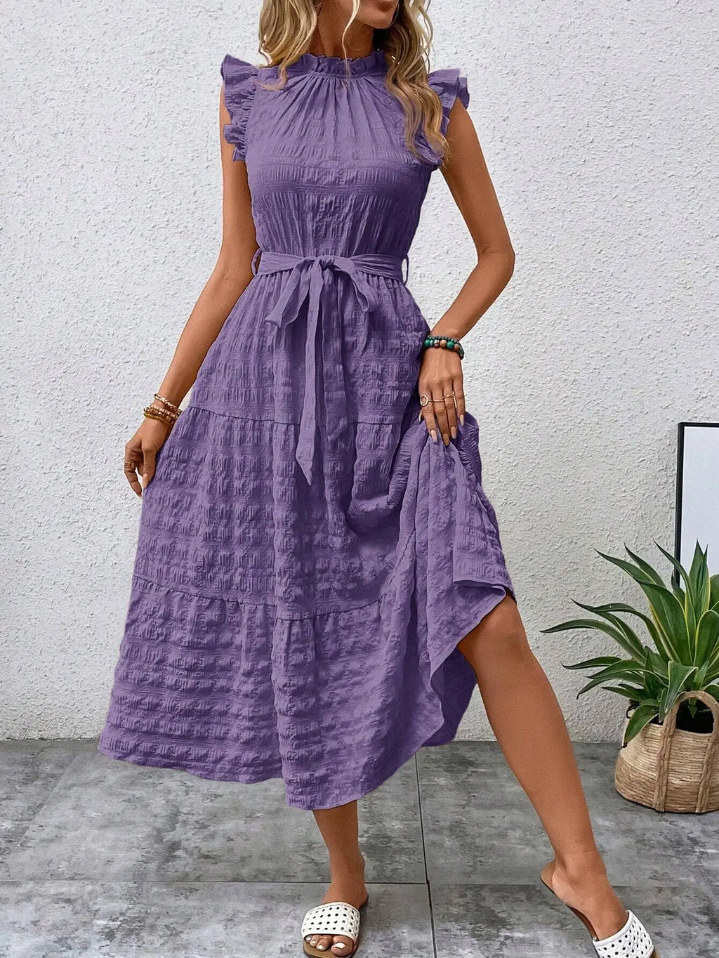 Elegant Women's Summer New Fashion Wooden Ear Edge Flying Sleeve Lace Up Texture Dress Purple  Sleeveless Lace Up Long Dresses