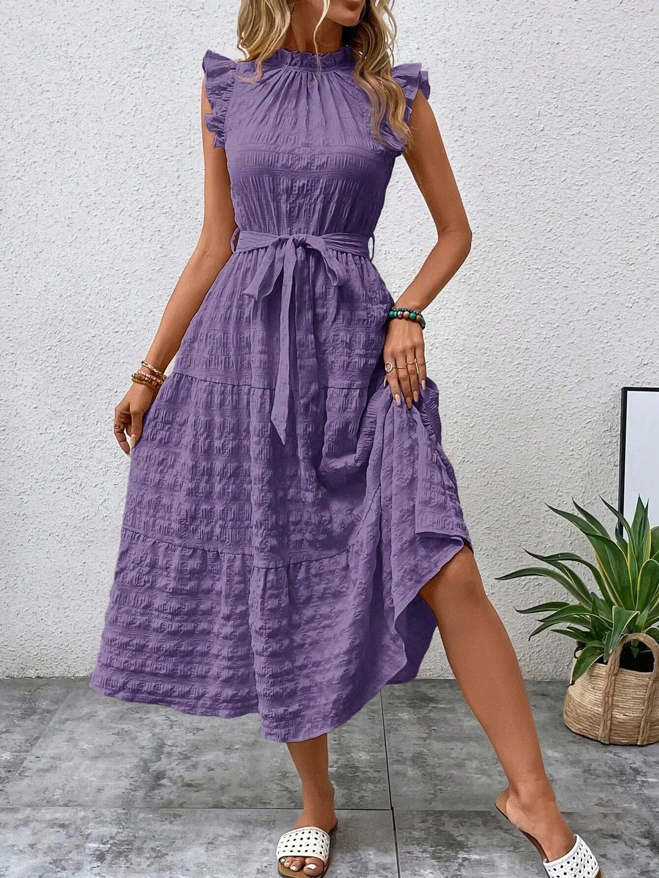 Elegant Women's Summer New Fashion Wooden Ear Edge Flying Sleeve Lace Up Texture Dress Purple  Sleeveless Lace Up Long Dresses