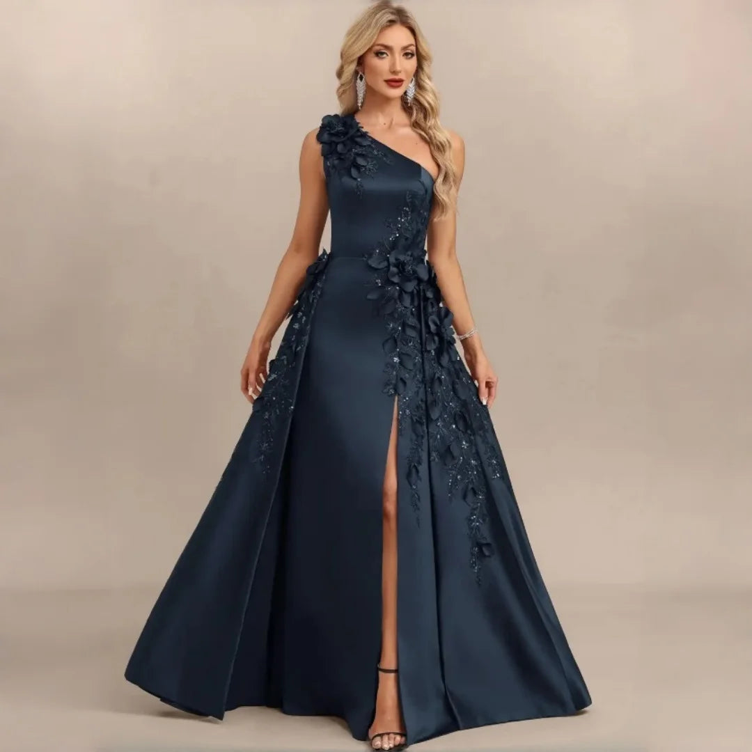 One Shoulder Satin Bridesmaid Dresses 3D Floral Applique Sequin High Slit Overskirt Formal Evening Maxi Gown Wedding Party Dress