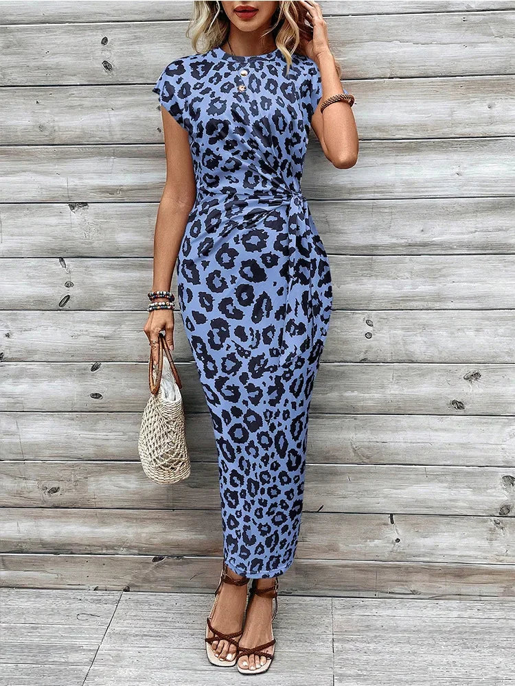 Retro leopard print dress with round neck covered sleeves twisted sides waist cinching, slim fit, hip hugging women's clothing