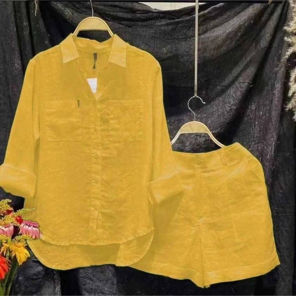 Fashion Cotton And Linen Long Sleeve Shorts Women 2Piece Set Summer Casual Loose Elastic Waist Shorts Ladies Home Wear Suit 2025