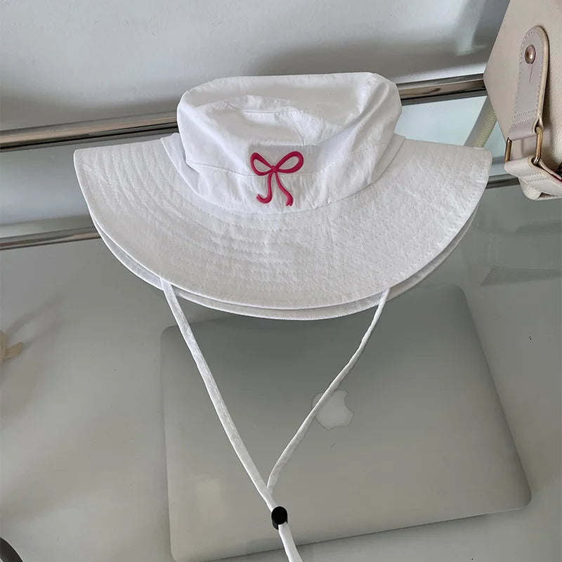 Korean Pink Bow Quick Dry Fisherman Hat Windproof Rope Women Outdoor Camping Mountaineering Hats Girl Summer Sunscreen Bowl Cap